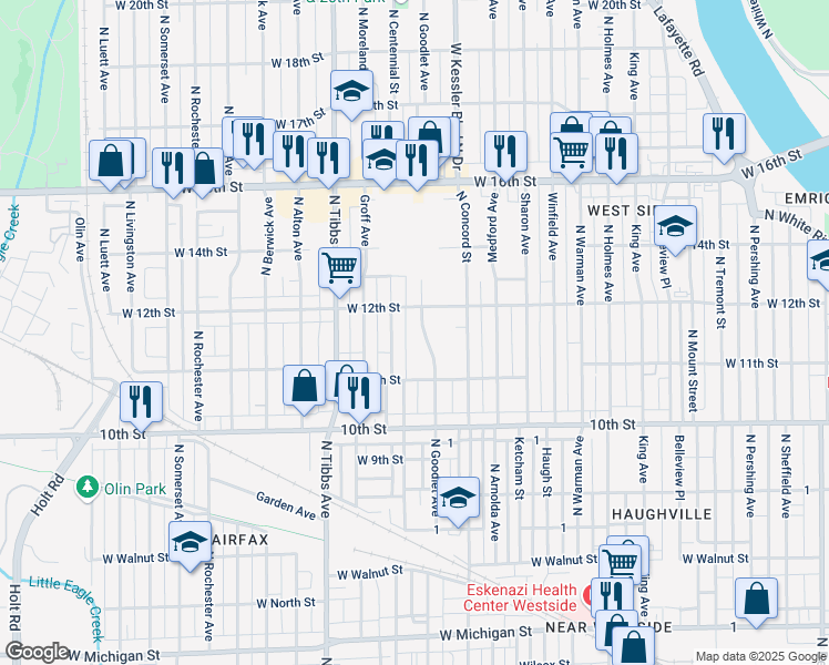 map of restaurants, bars, coffee shops, grocery stores, and more near 1134 North Goodlet Avenue in Indianapolis