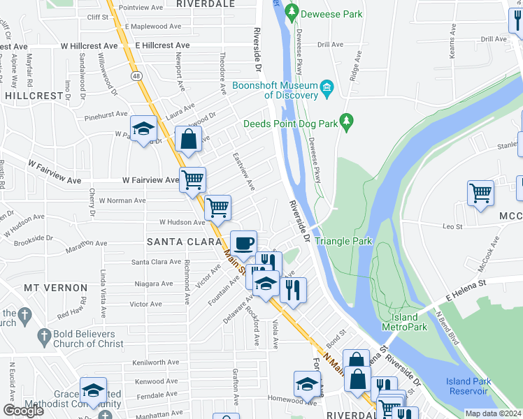 map of restaurants, bars, coffee shops, grocery stores, and more near 2036 Eastview Avenue in Dayton