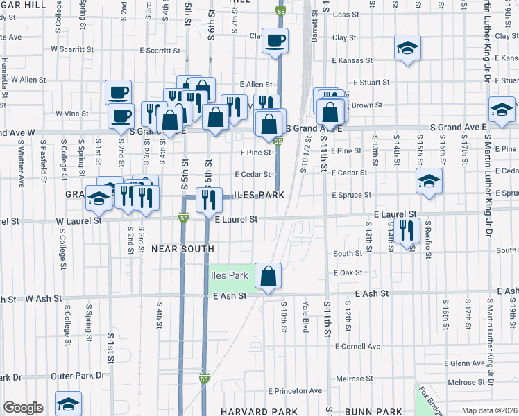 map of restaurants, bars, coffee shops, grocery stores, and more near 851-899 East Laurel Street in Springfield