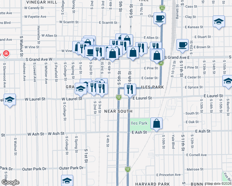 map of restaurants, bars, coffee shops, grocery stores, and more near 428 East Laurel Street in Springfield