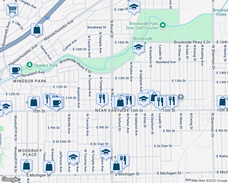 map of restaurants, bars, coffee shops, grocery stores, and more near 1112 North Rural Street in Indianapolis