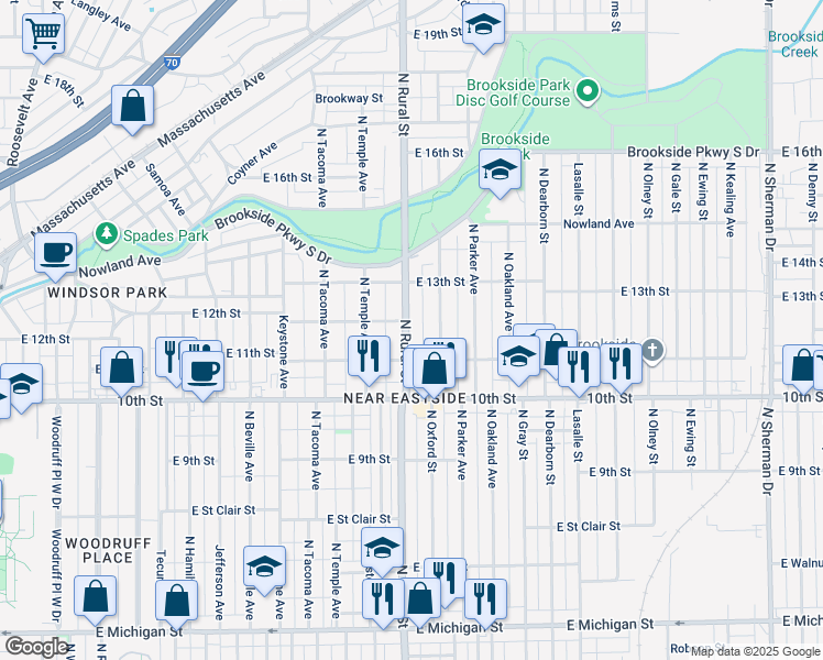 map of restaurants, bars, coffee shops, grocery stores, and more near 1112 North Rural Street in Indianapolis