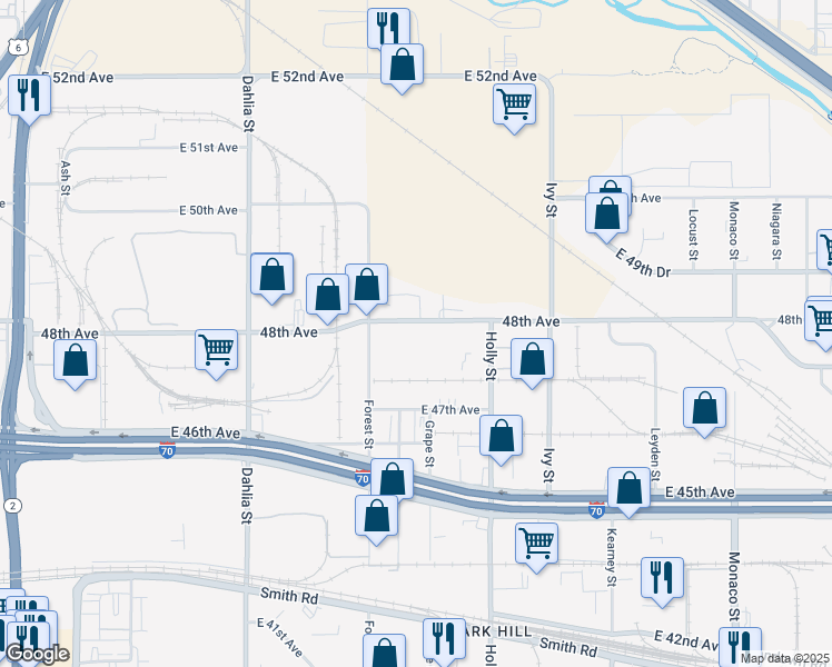map of restaurants, bars, coffee shops, grocery stores, and more near 4770 Forest Street in Denver