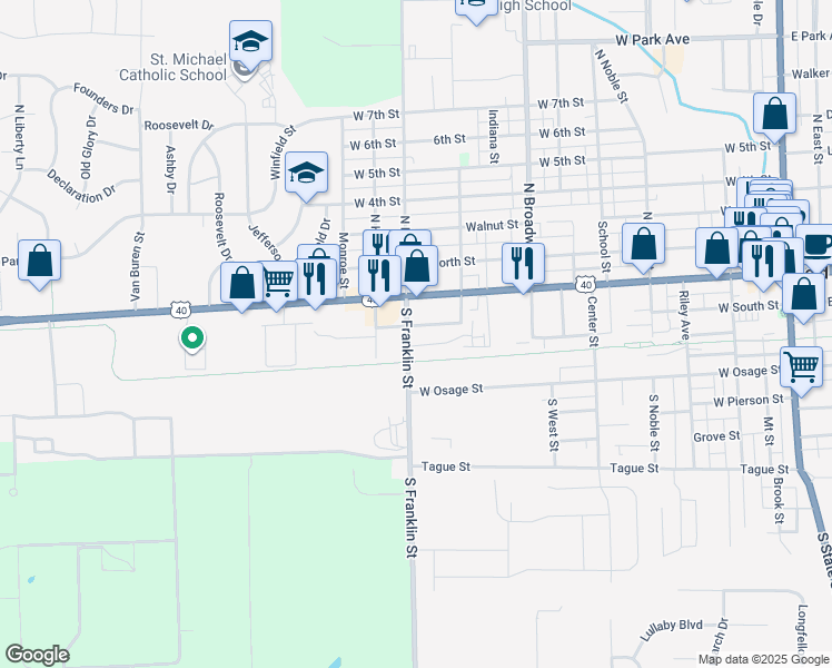 map of restaurants, bars, coffee shops, grocery stores, and more near 125 South Franklin Street in Greenfield
