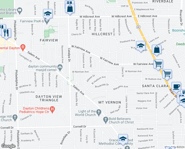 map of restaurants, bars, coffee shops, grocery stores, and more near 437 Allwen Drive in Dayton