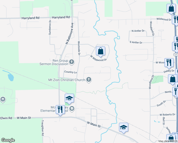 map of restaurants, bars, coffee shops, grocery stores, and more near 901-1199 Dee-Lee Ln in Mt Zion