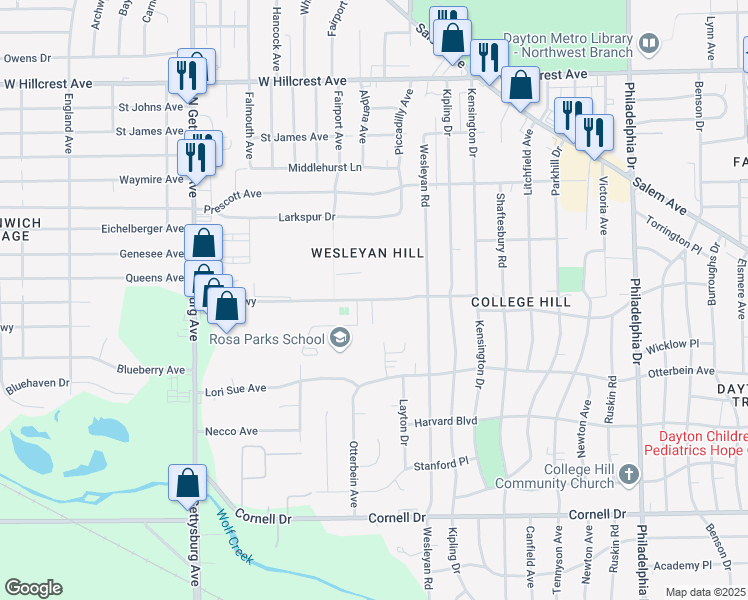 map of restaurants, bars, coffee shops, grocery stores, and more near 3754 Kings Highway in Dayton