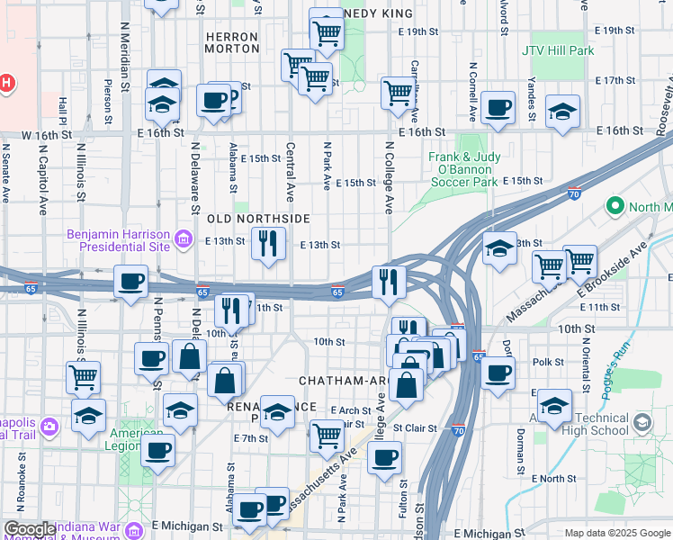 map of restaurants, bars, coffee shops, grocery stores, and more near 1204 North Park Avenue in Indianapolis