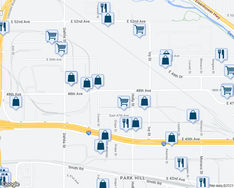 map of restaurants, bars, coffee shops, grocery stores, and more near 4770 Forest Street in Denver