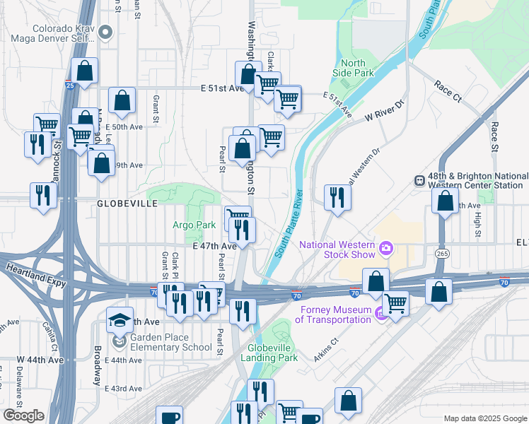 map of restaurants, bars, coffee shops, grocery stores, and more near 4800 Washington Street in Denver