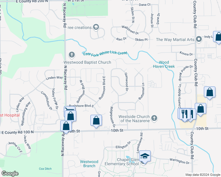 map of restaurants, bars, coffee shops, grocery stores, and more near 1324 Woodpointe Drive in Indianapolis