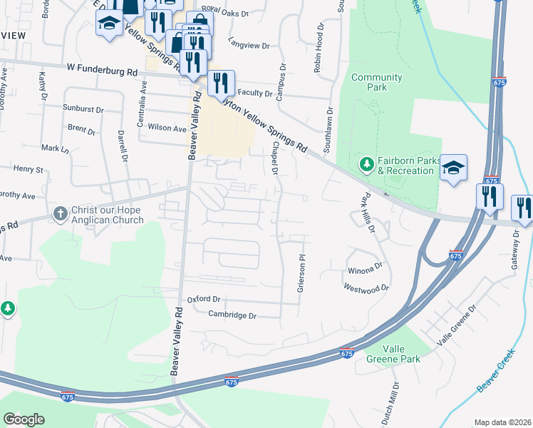 map of restaurants, bars, coffee shops, grocery stores, and more near 354 Red Oak Drive in Fairborn