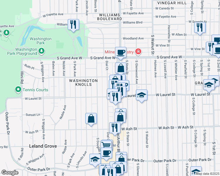 map of restaurants, bars, coffee shops, grocery stores, and more near 1600 Dial Court in Springfield