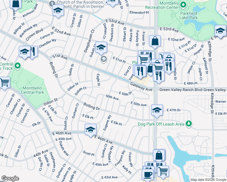 map of restaurants, bars, coffee shops, grocery stores, and more near 14929 50th Avenue in Denver