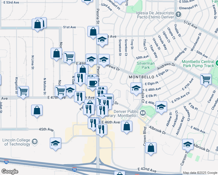 map of restaurants, bars, coffee shops, grocery stores, and more near 12155 Albrook Drive in Denver