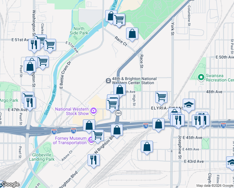 map of restaurants, bars, coffee shops, grocery stores, and more near in Denver