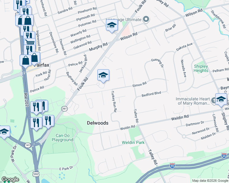 map of restaurants, bars, coffee shops, grocery stores, and more near 1610 Turkey Run Road in Wilmington