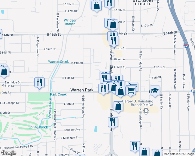 map of restaurants, bars, coffee shops, grocery stores, and more near 1120 Charleston East Drive in Indianapolis