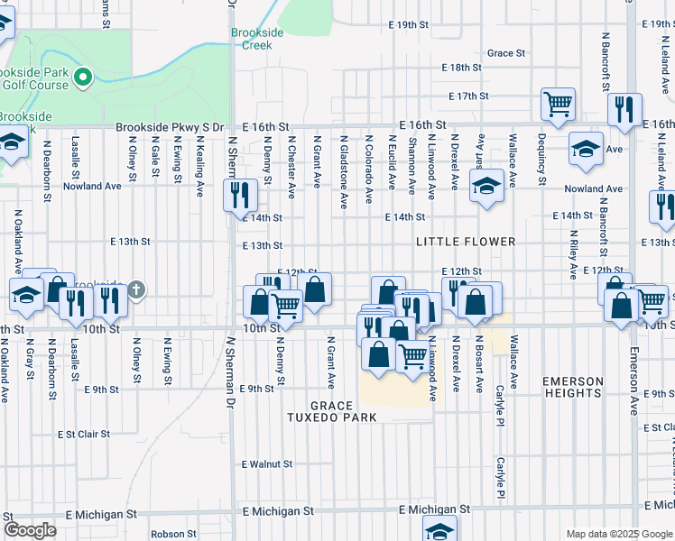 map of restaurants, bars, coffee shops, grocery stores, and more near 1160 North Gladstone Avenue in Indianapolis