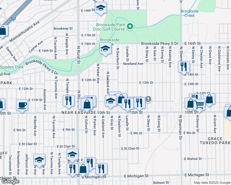 map of restaurants, bars, coffee shops, grocery stores, and more near 1119 North Oakland Avenue in Indianapolis
