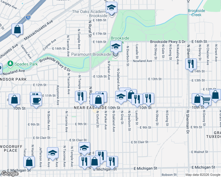 map of restaurants, bars, coffee shops, grocery stores, and more near 1115 North Parker Avenue in Indianapolis