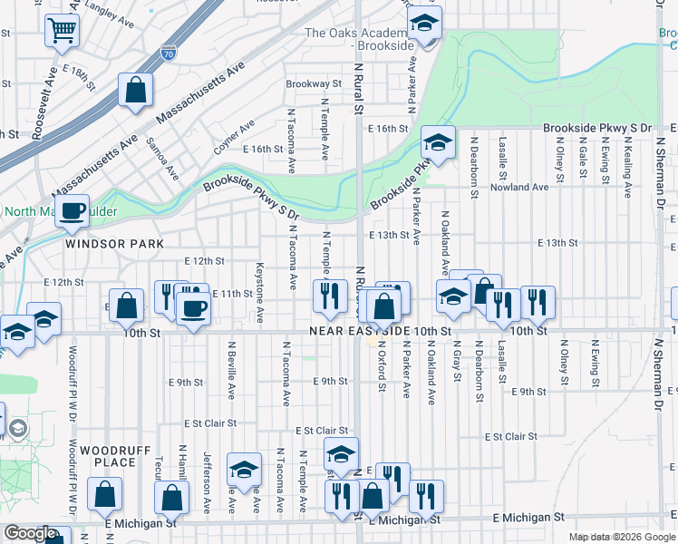 map of restaurants, bars, coffee shops, grocery stores, and more near 1115 North Temple Avenue in Indianapolis