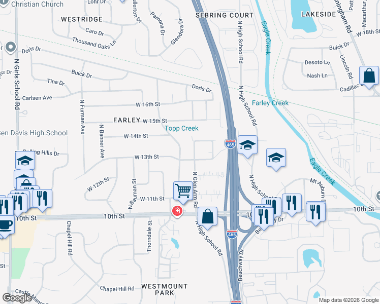 map of restaurants, bars, coffee shops, grocery stores, and more near 1298 North Glen Arm Road in Indianapolis