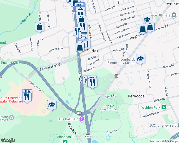 map of restaurants, bars, coffee shops, grocery stores, and more near 12 Peirce Road in Wilmington