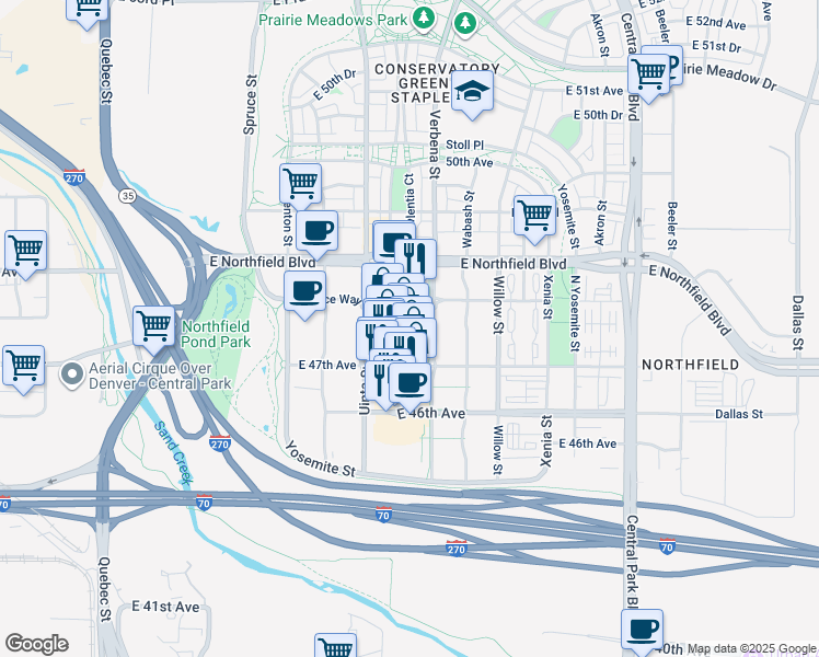 map of restaurants, bars, coffee shops, grocery stores, and more near 1345 Main Street in Denver