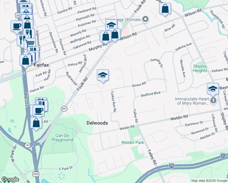 map of restaurants, bars, coffee shops, grocery stores, and more near 1610 Turkey Run Road in Wilmington