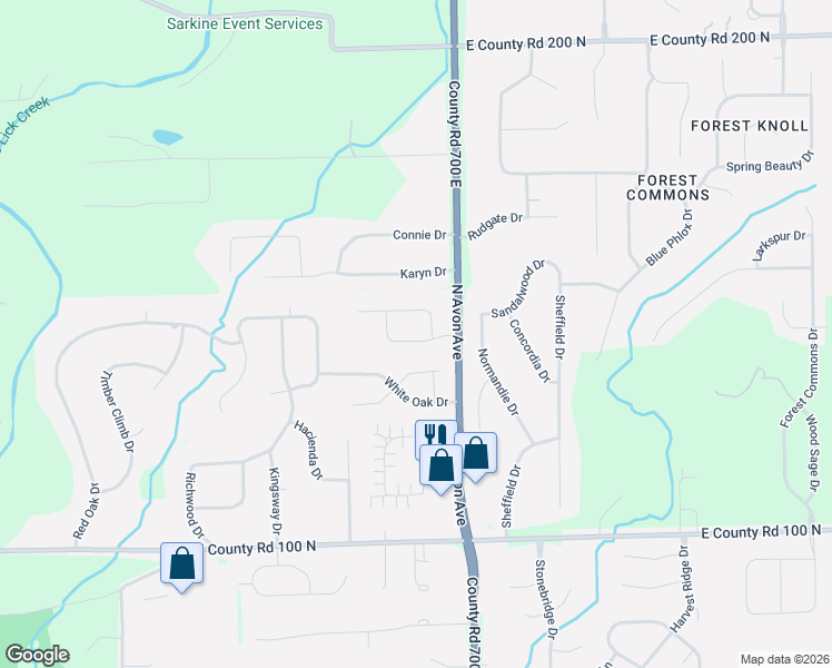 map of restaurants, bars, coffee shops, grocery stores, and more near 6856 Black Oak East Court in Avon