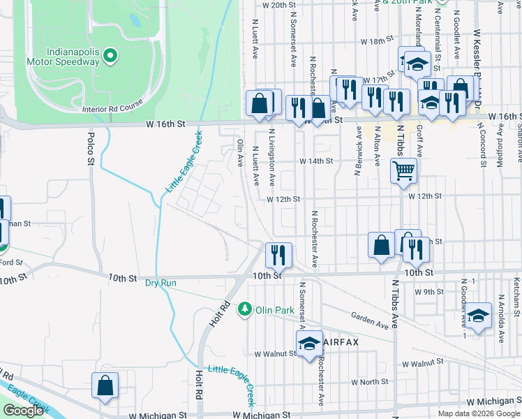map of restaurants, bars, coffee shops, grocery stores, and more near 1156 North Luett Avenue in Indianapolis