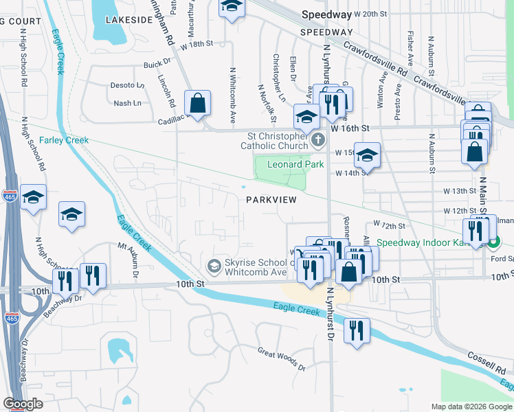 map of restaurants, bars, coffee shops, grocery stores, and more near 5431 Carlton Court in Speedway