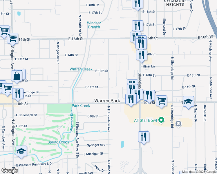 map of restaurants, bars, coffee shops, grocery stores, and more near East 11th Street in Warren Park