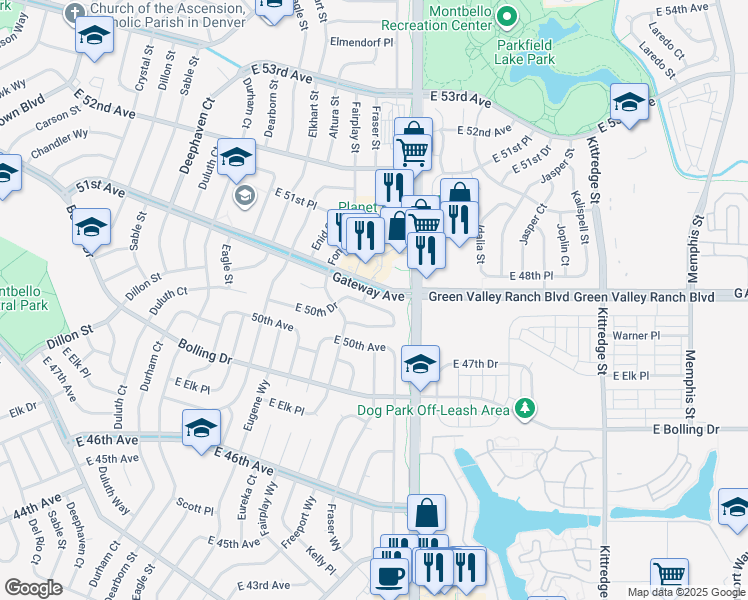 map of restaurants, bars, coffee shops, grocery stores, and more near 5044 Fraser Way in Denver