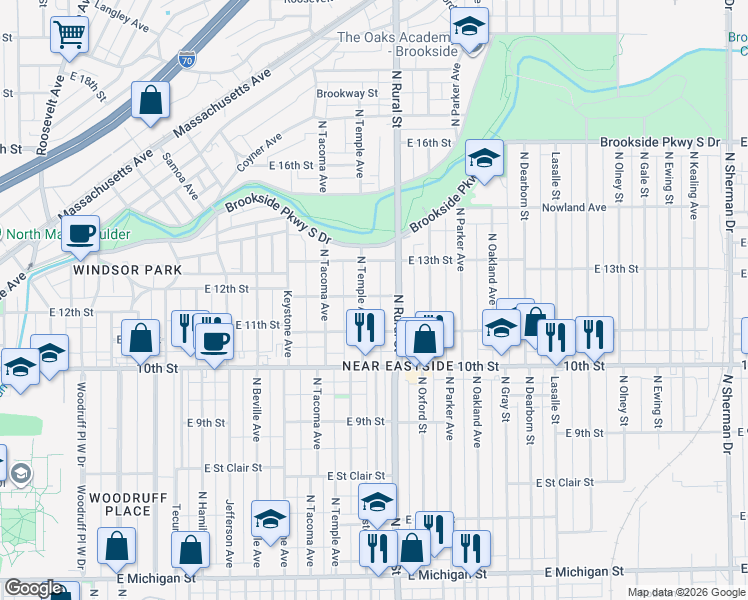 map of restaurants, bars, coffee shops, grocery stores, and more near 1115 North Temple Avenue in Indianapolis