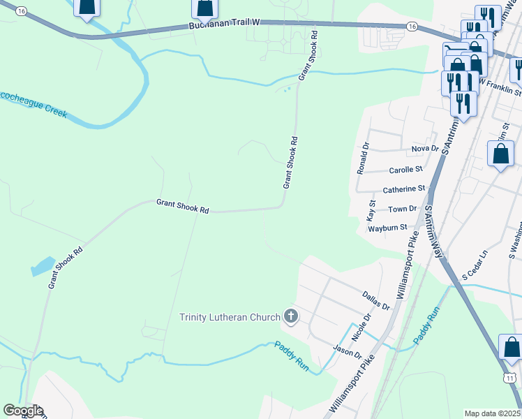 map of restaurants, bars, coffee shops, grocery stores, and more near 11274 Grant Shook Road in Greencastle