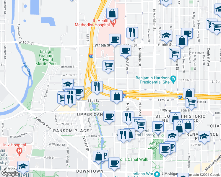map of restaurants, bars, coffee shops, grocery stores, and more near 1191 North Senate Avenue in Indianapolis
