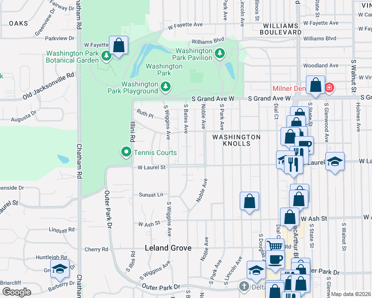 map of restaurants, bars, coffee shops, grocery stores, and more near 1500-1698 South Bates Avenue in Springfield