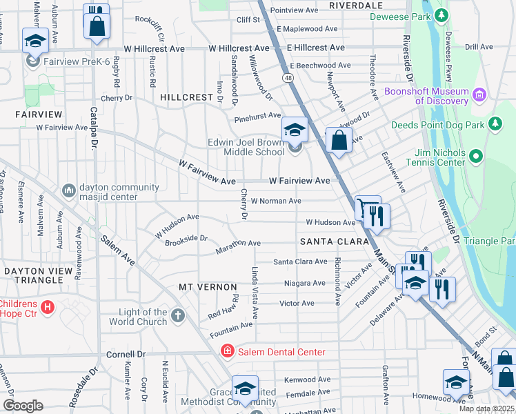 map of restaurants, bars, coffee shops, grocery stores, and more near 166 W Norman Ave in Dayton