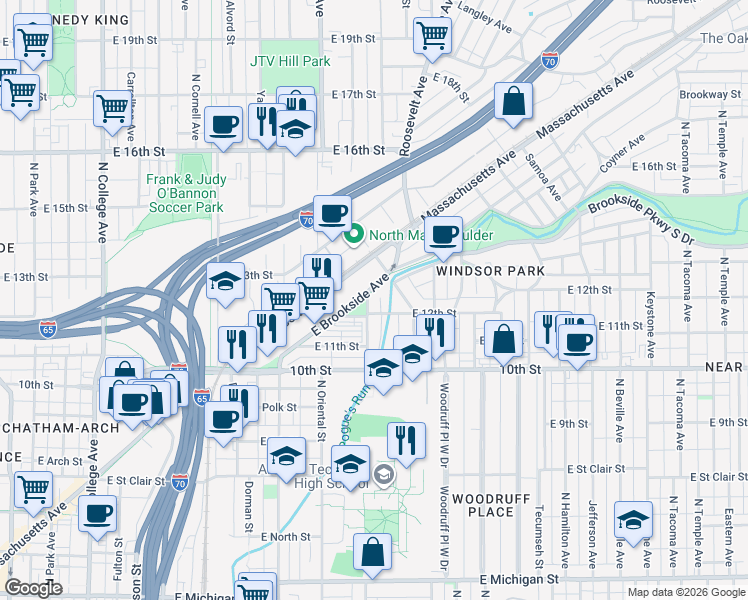 map of restaurants, bars, coffee shops, grocery stores, and more near 1133 North Arsenal Avenue in Indianapolis