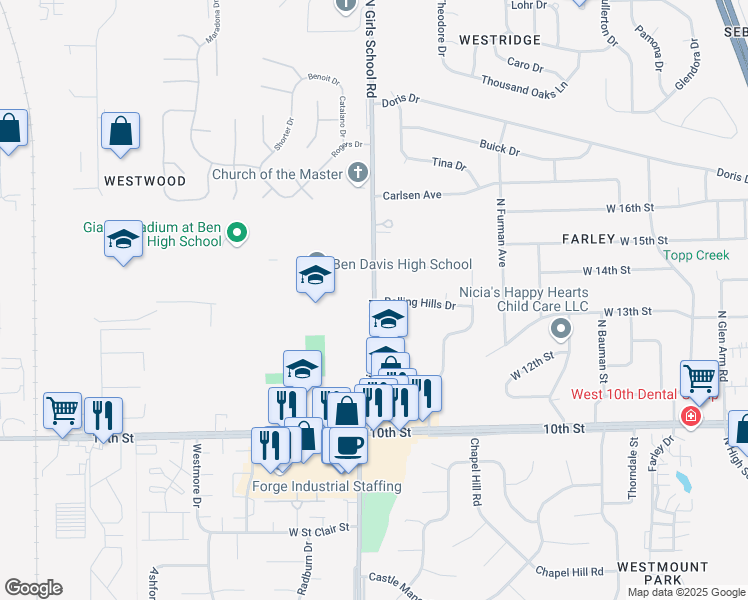 map of restaurants, bars, coffee shops, grocery stores, and more near 1150 North Girls School Road in Indianapolis