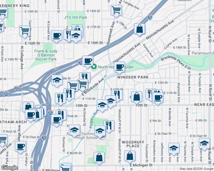 map of restaurants, bars, coffee shops, grocery stores, and more near 1130 North Newman Street in Indianapolis