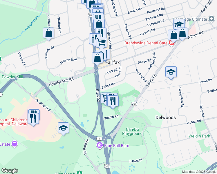 map of restaurants, bars, coffee shops, grocery stores, and more near 12 Peirce Road in Wilmington