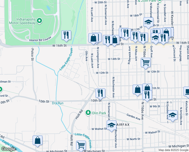 map of restaurants, bars, coffee shops, grocery stores, and more near 1156 North Luett Avenue in Indianapolis
