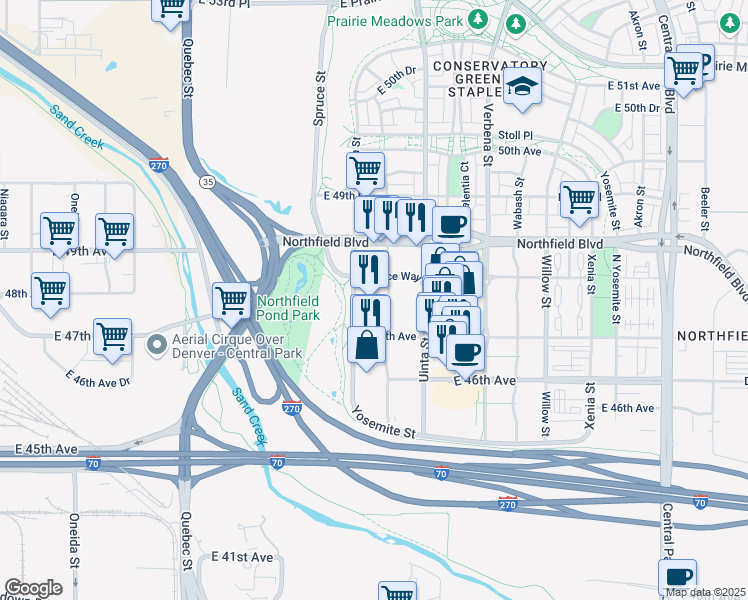 map of restaurants, bars, coffee shops, grocery stores, and more near 7930 Northfield Boulevard in Denver