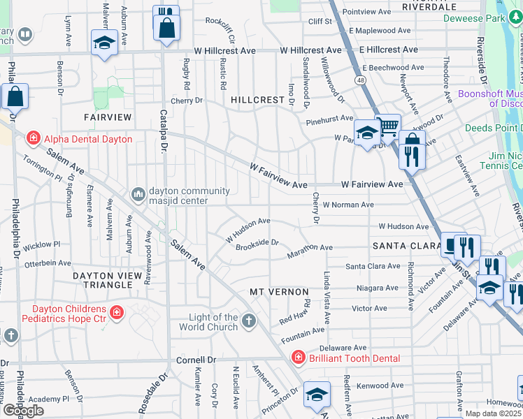 map of restaurants, bars, coffee shops, grocery stores, and more near 408 West Norman Avenue in Dayton