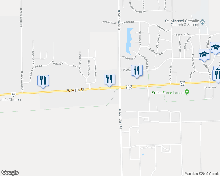 map of restaurants, bars, coffee shops, grocery stores, and more near 2221 W Main St in Greenfield