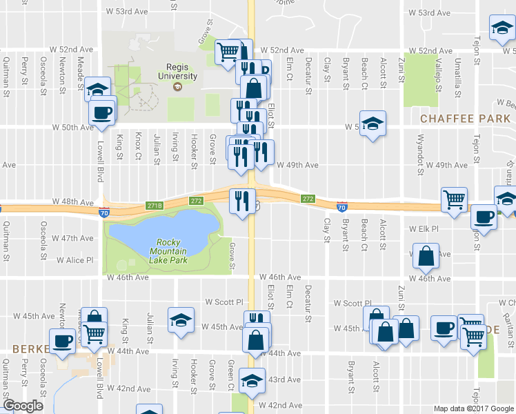 map of restaurants, bars, coffee shops, grocery stores, and more near 4745 Federal Boulevard in Denver