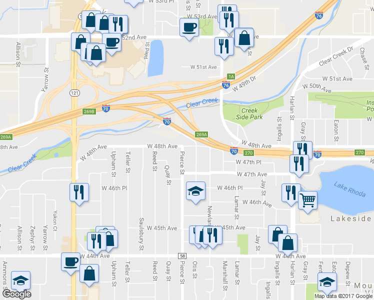 map of restaurants, bars, coffee shops, grocery stores, and more near 4740 Pierce Street in Wheat Ridge